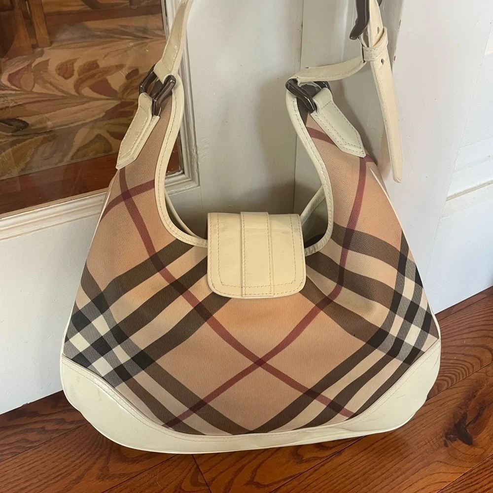Burberry Cream and Tan Plaid Hobo Bag